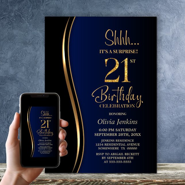 Invitation Black Gold Blue Surprise 21e anniversaire (Créateur téléchargé)
