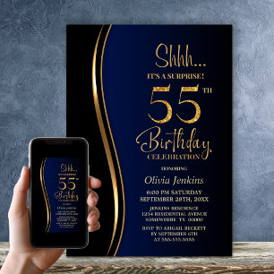 Invitation Black Gold Blue Surprise 55e anniversaire