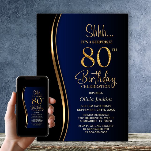 Invitation Black Gold Blue Surprise 80e anniversaire (Créateur téléchargé)