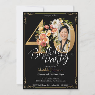 Invitation Black Gold Boho Floral 40e fête d'anniversaire