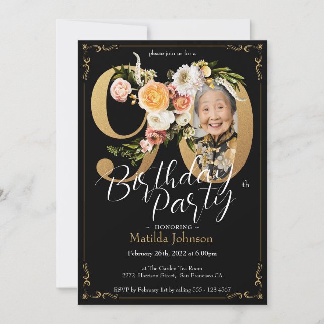 Invitation Black Gold Boho Photo personnalisée Floral 90e ann (Devant)