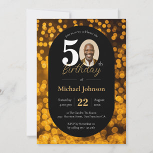 Invitation Black Gold Bokeh Photo 50th Birthday