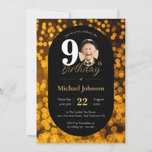 Invitation Black Gold Bokeh Photo 90th Birthday