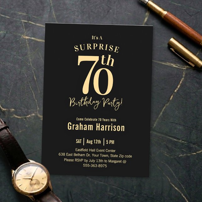 Invitation Black Gold Bold Typography Men's 70th Birthday (Créateur téléchargé)
