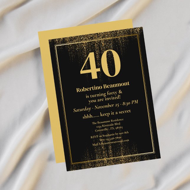 Invitation Black Gold Border Glitter Modern 40th Birthday (Créateur téléchargé)