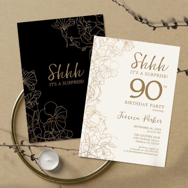 Invitation Black Gold Botanical Surprise 90e anniversaire (Créateur téléchargé)