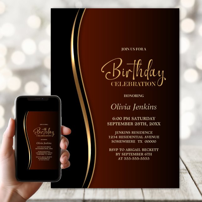 Invitation Black Gold Burange Orange fête d'anniversaire (Créateur téléchargé)
