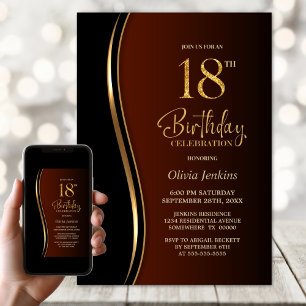 Invitation Black Gold Burnt Orange 18e fête d'anniversaire