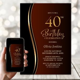 Invitation Black Gold Burnt Orange 40e fête d'anniversaire