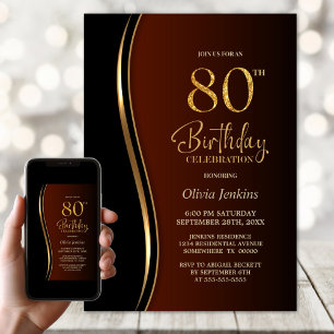 Invitation Black Gold Burnt Orange 80e fête d'anniversaire