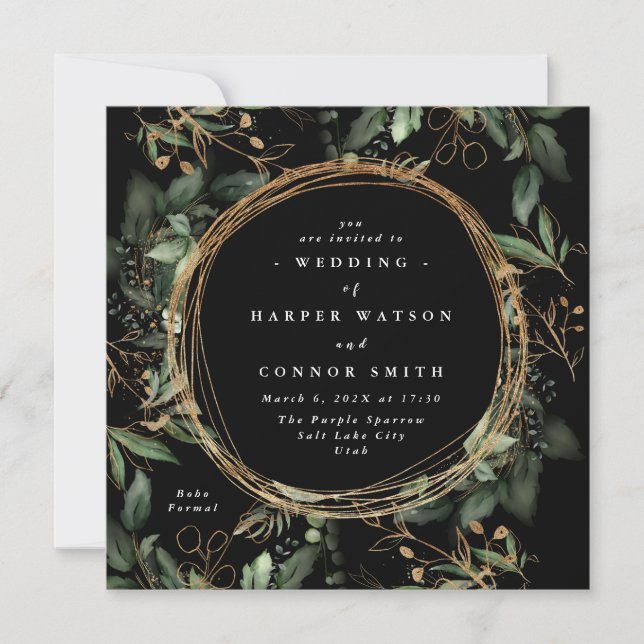 Invitation Black Gold Cercle Frame Boho Botanical Eucalyptus (Devant)