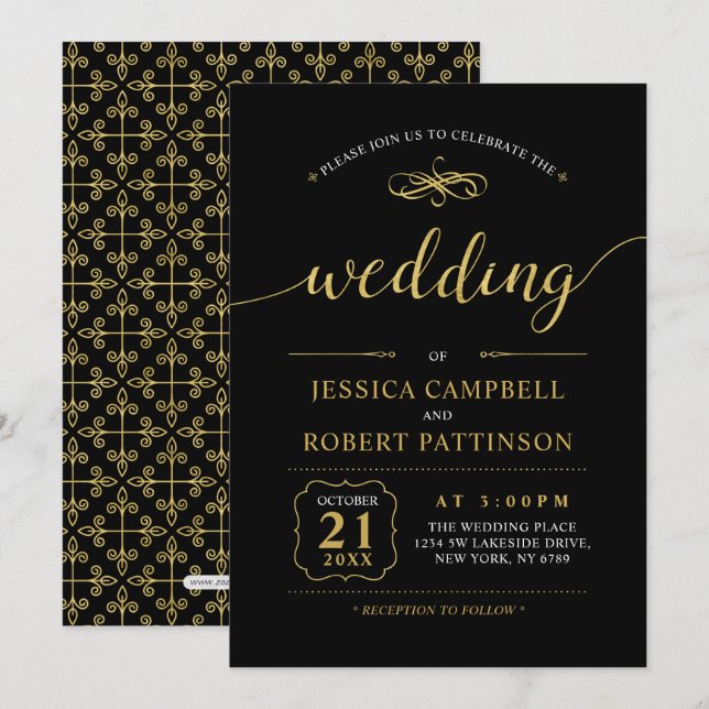 Invitation Black & Gold | Cérémonie de mariage classique élég (Devant / Derrière)