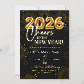 Invitation Black Gold Champagne Cheers New Years Eve Party