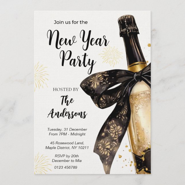 Invitation Black Gold Champagne Cheers New Years Eve Party (Devant)