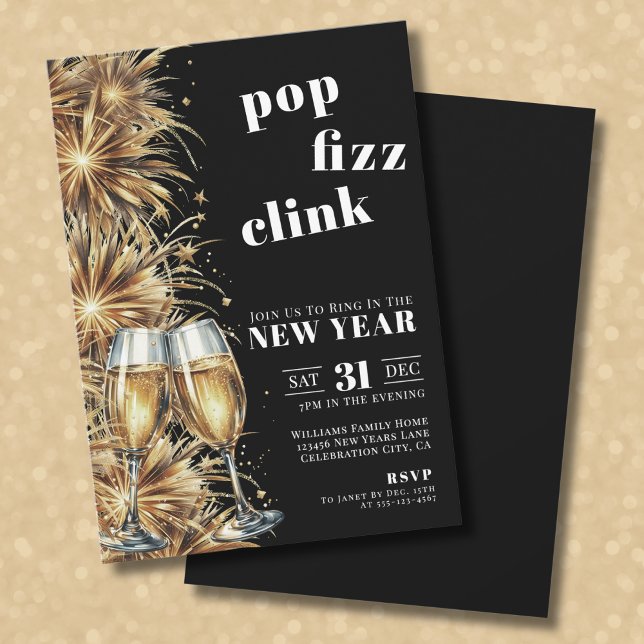 Invitation Black Gold Champagne Pop New Year's Eve Party (Black Gold Champagne Pop New Year's Eve Party Invitation)