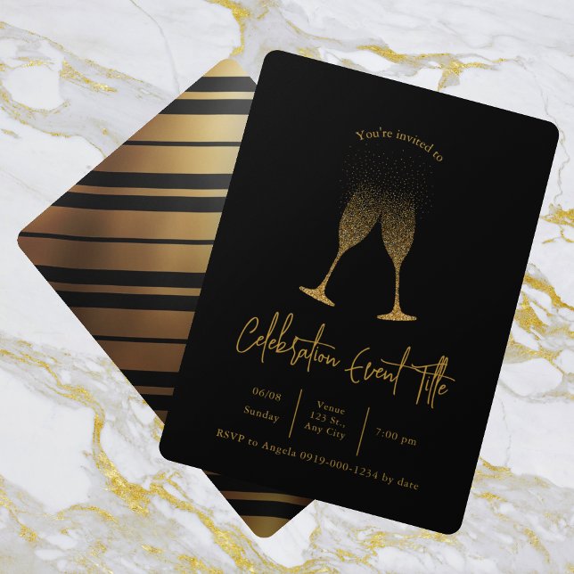 Invitation Black & Gold Champagne Theme Party  (Créateur téléchargé)