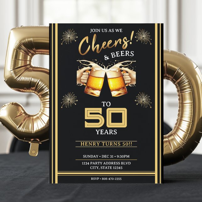 Invitation Black & Gold Cheers & Beers 50 ans 50e anniversair (Créateur téléchargé)