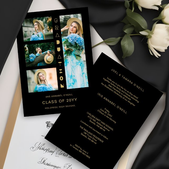 Invitation Black Gold Chic 4 Multi-Photos Funny Script Invita (Black & Faux Gold Sophisticated 4 Multi-Photos Collage Whimsical Script Graduation Invitation Card.)