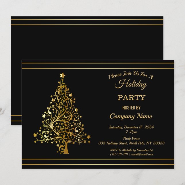 Invitation Black Gold Christmas Tree Corporate Holiday Party  (Devant / Derrière)