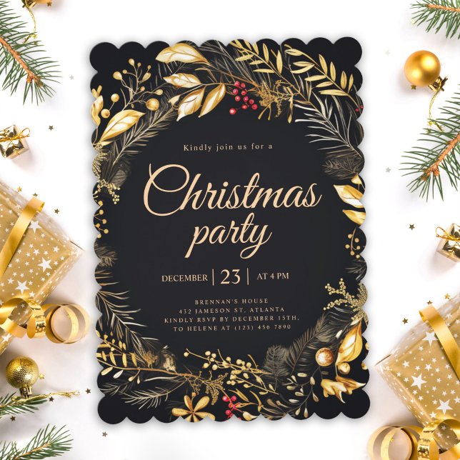 Invitation Black Gold Classic Soirée de Noël élégante (Black Gold Classic Elegant Christmas Holiday Party Invitation)