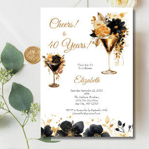 Invitation Black Gold Cocktails Boissons Florals 40e annivers
