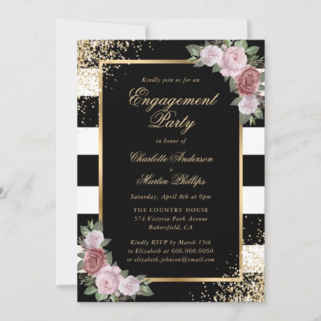 Invitation Black Gold Confetti Blush Floral Engagement Party (Devant)