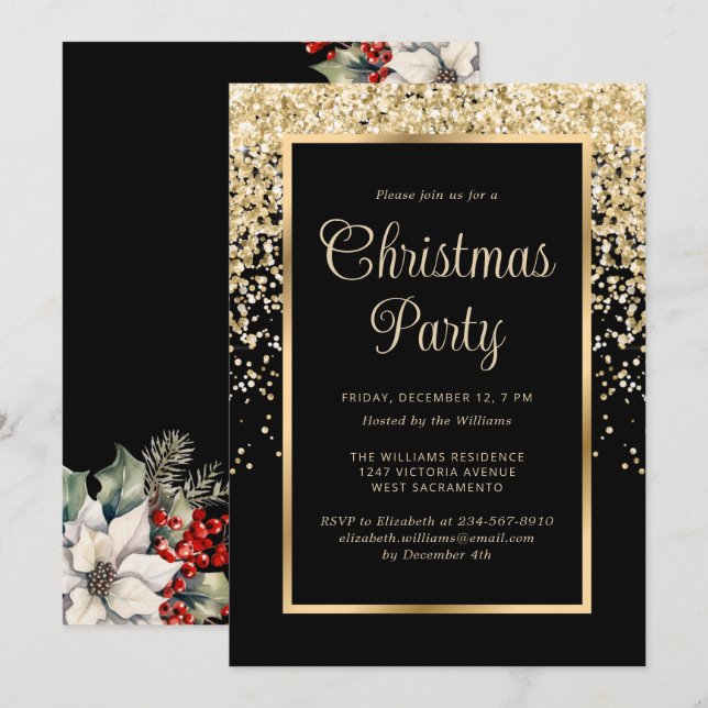 Invitation Black Gold Confetti Botanical Christmas Party (Devant / Derrière)