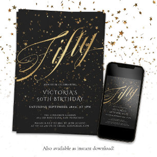 Invitation Black Gold Confetti Cinquante-ème fête d'anniversa