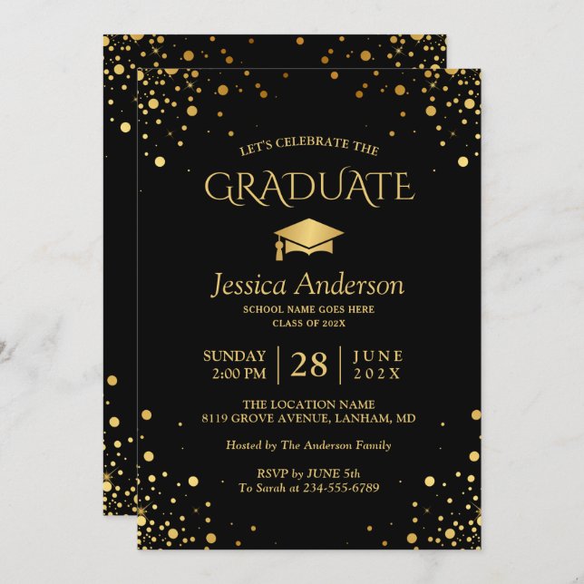 Invitation Black Gold Confetti Dots Graduate Graduate Party (Devant / Derrière)