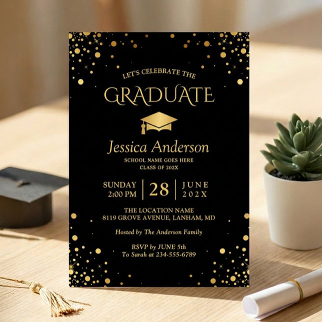 Invitation Black Gold Confetti Dots Graduate Graduate Party (Créateur téléchargé)