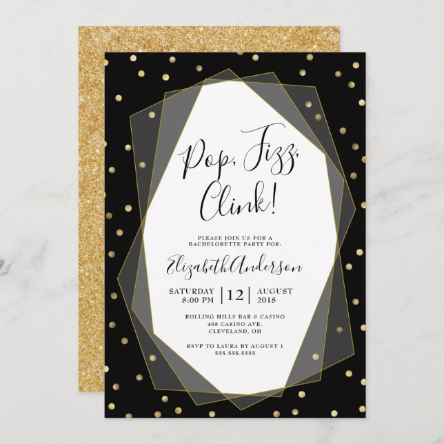 Invitation Black Gold Confetti Geometric Bachelorts (Devant / Derrière)