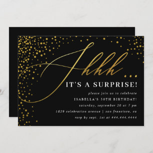 Invitation Black & Gold Confetti Script Surprise Party