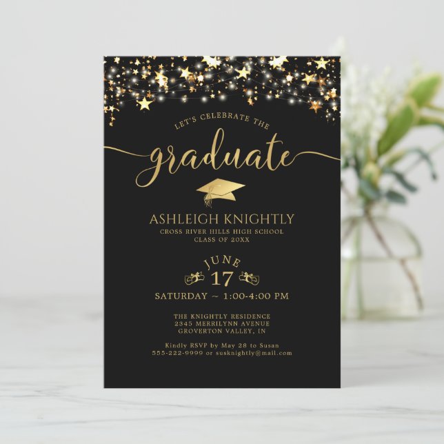 Invitation Black Gold Confetti Stars Graduation Party (Debout devant)