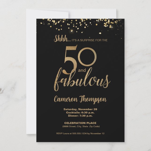 Invitation Black Gold Confetti Surprise 50 et fabuleux (Devant)
