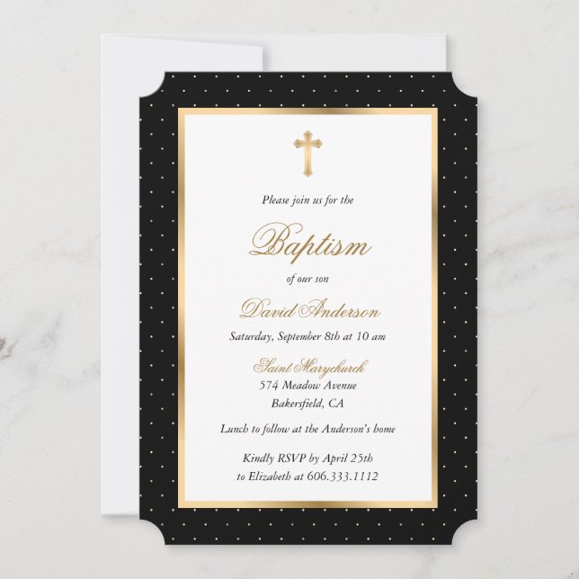 Invitation Black Gold Cross Pois Élégant Script Baptême (Devant)
