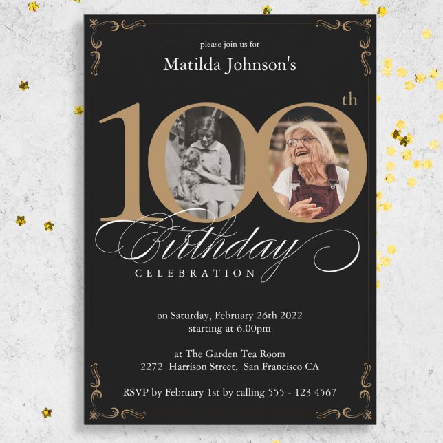 Invitation Black Gold Custom Photo 100th Birthday Party (Black Gold Custom Photo 100th Birthday Party Invitation)
