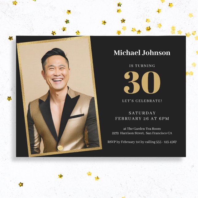 Invitation Black Gold Custom Photo Simple 30th Birthday Party (Mock Up)