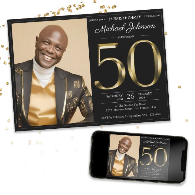 Invitation Black Gold Custom Photo Surprise 50e anniversaire (Surprise 50th Black Gold Custom Photo Birthday Invitation)
