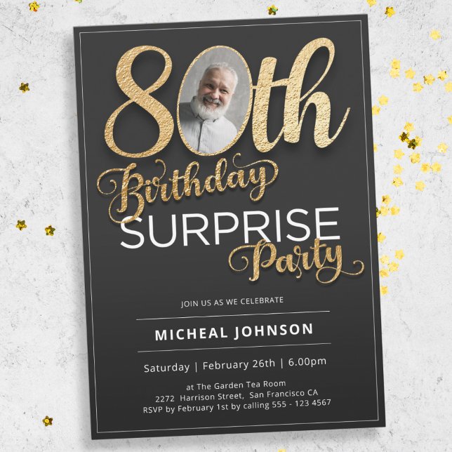 Invitation Black Gold Custom Photo Surprise 80e anniversaire (Mockup View)