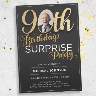 Invitation Black Gold Custom Photo Surprise 90e anniversaire