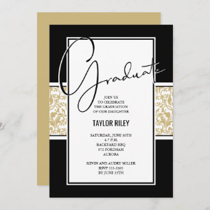Invitation Black Gold Damask Graduation Party