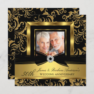 Invitation Black Gold Damask Photo 50th Mariage Anniversary