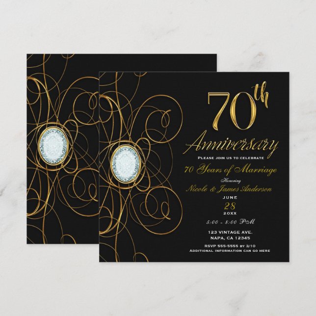 Invitation Black & Gold Diamond Chic 70 70e Anniversaire (Devant / Derrière)