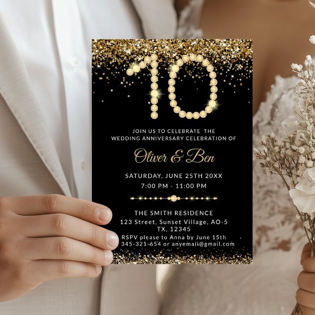 Invitation Black & Gold Diamonds 10th Anniversary (Gold Diamonds 10th Anniversary Invitation)