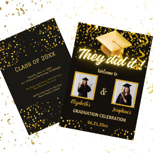 Invitation Black Gold Double Graduation Party Photo 2 personn
