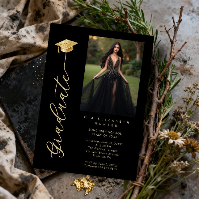 Invitation Black & Gold Dramatic Grad Cap Photo & Calligraphy (Sophisticated Dramatic Black and Faux Gold Effect Graduation Invitation with Photo and Graduate Cap )