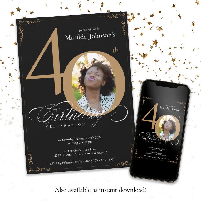 Invitation Black Gold Elegant Calligraphie Photo 40e annivers (Black Gold Elegant Calligraphy Photo 40th Birthday Invitation)