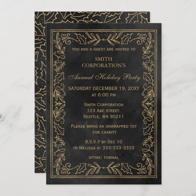 Invitation Black Gold Elegant Corporate Holiday Party (Devant / Derrière)