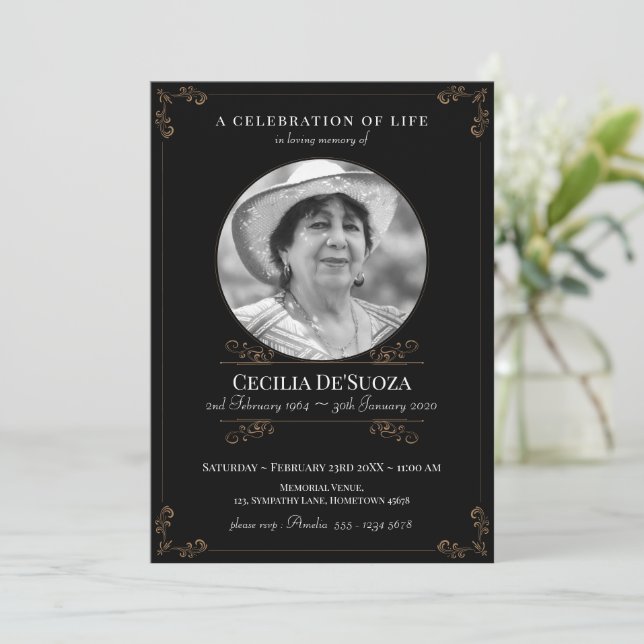 Invitation Black Gold Elegant Funeral Classic Photo personnal (Debout devant)
