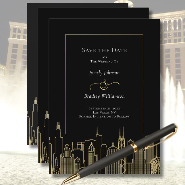 Invitation Black Gold Elegant Las Vegas Skyline Save the Date (Créateur téléchargé)